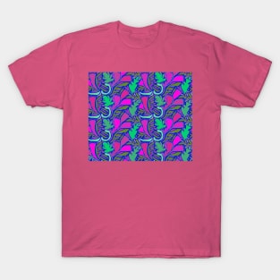 Tropical Block Print Flowers - Pink Navy Green T-Shirt